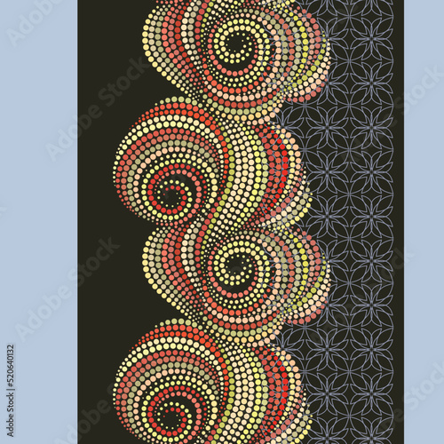 Seamless ethnic border with dots. Colorful geometric pattern . Vector clipart. Gray background. Use for embroidery, braid, tape, ribbon.