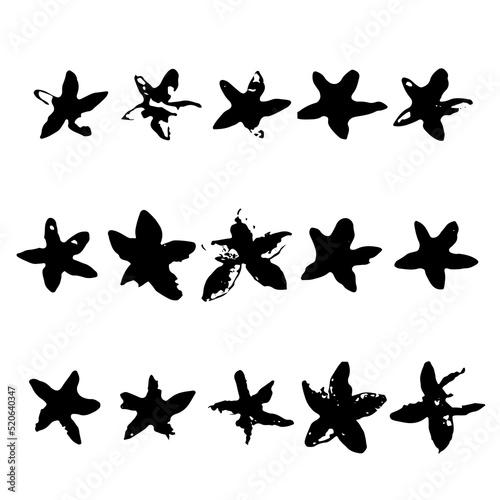 Vector ink print of grunge stars. Set of hand drawn black paint flowers isolated on white background. Abstract brush drawing