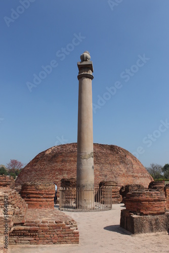 View of Ashok Stumbh and Buddhist Stupa, Pilgrims doing Pradakshina, Kolhua, Vaishali, Bihar, India. Ashok Pillar. 