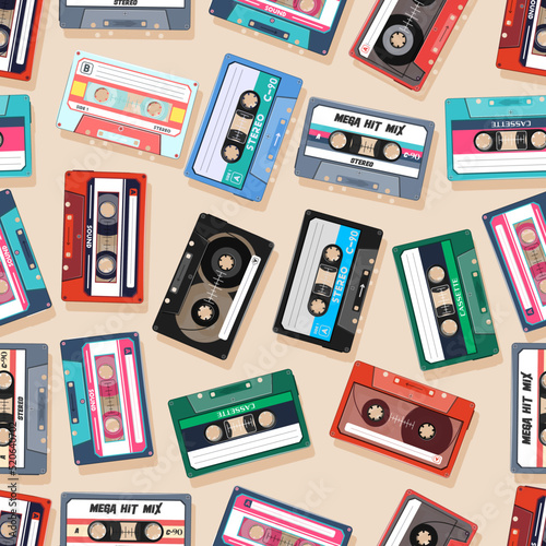 Colorful  Seamless Cassette Pattern. Audio cassette seamless pattern. Unique and Trendy  seamless pattern background for your unique design. © Анатолий Жуков