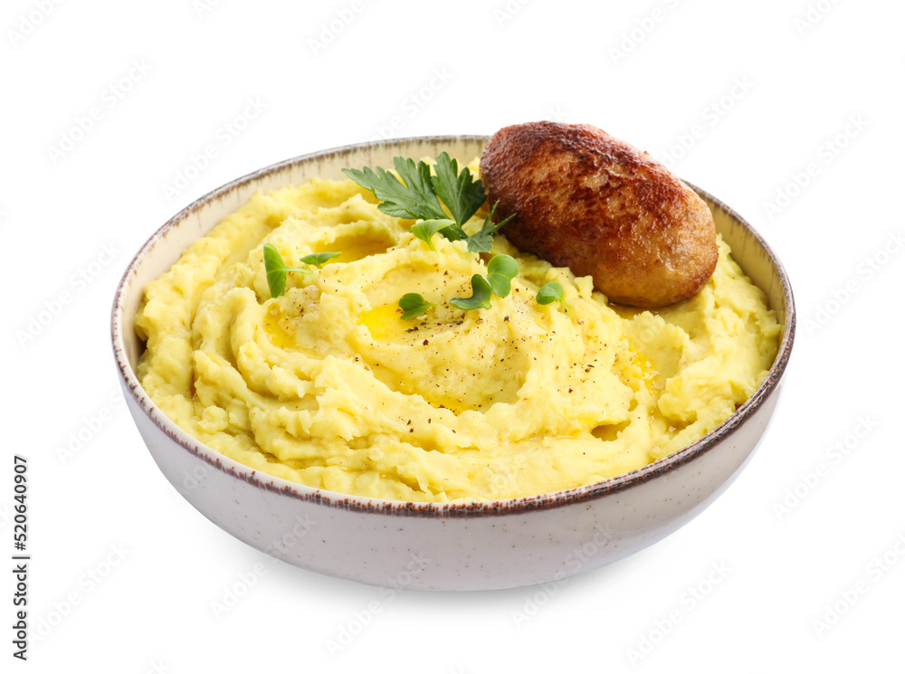 Bowl of tasty mashed potatoes with parsley, black pepper and cutlet on white background