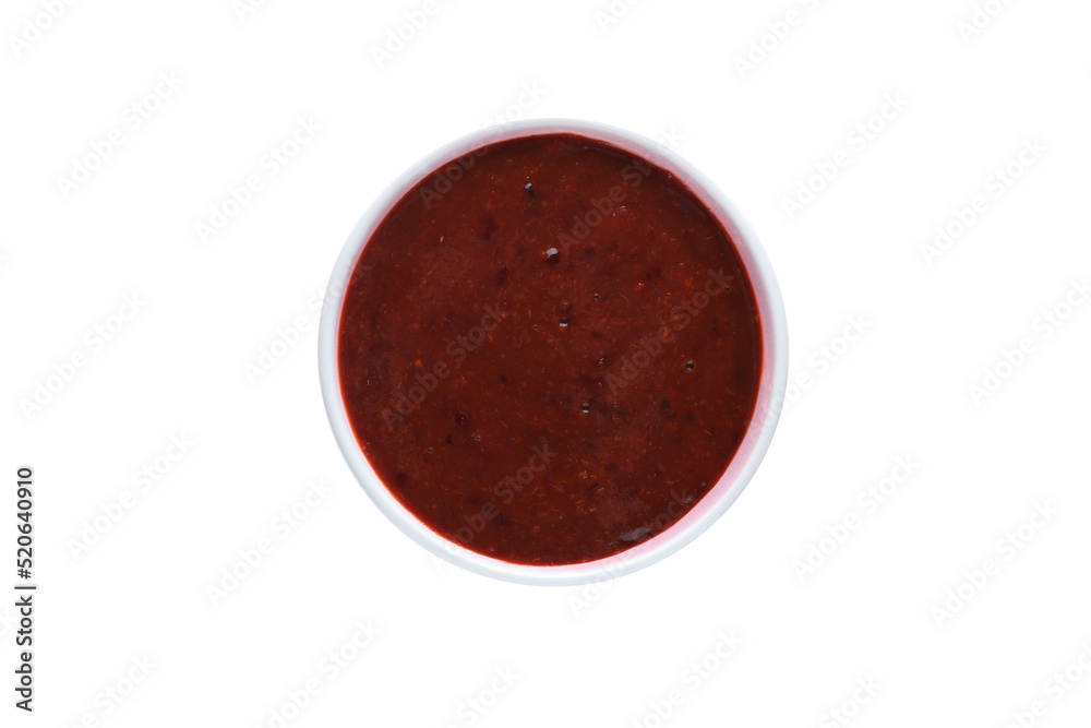 Fruit puree in bowl isolated on white, top view Fruit puree in bowl isolated on white, top view