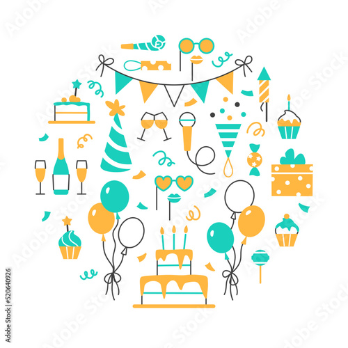 Event service circle concept. Birthday party celebration on white background. Flat line holiday design for greeting card invitation. Festive balloons cake muffin gift champagne vector illustration.