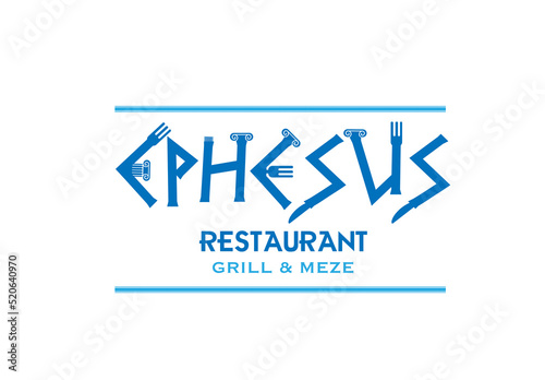 ephesus writing date ancient greek columns concept. ephesus old buildings written restaurant background