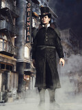 Man with a top hat standing at night in a dark, foggy Victorian street. 3D render - the man is a 3D object.