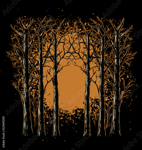 Mystic trees, night forest landscape with a moonlight on background.