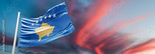 Flag of Kosovo officially the Republic of Kosovo is a partially recognised state in Southeast Europe. photo