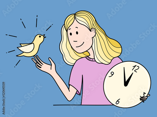 Girl with a clock and a bird. Vector illustration about time.