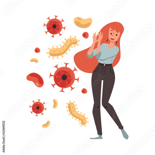 Woman with anxiety of viral and microbial diseases, flat vector isolated.