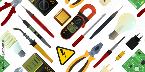 Tools for electrician. Repair of radio electronic and microprocessor equipment. Spare parts components and service. Isolated on white background. Seamless pattern. Vector