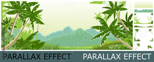 Tropical jungle landscape. Plants, shrubs and palms. Image from layers for overlay with parallax effect. Cartoon flat style. Mountains on horizon. Background illustration. Vector.