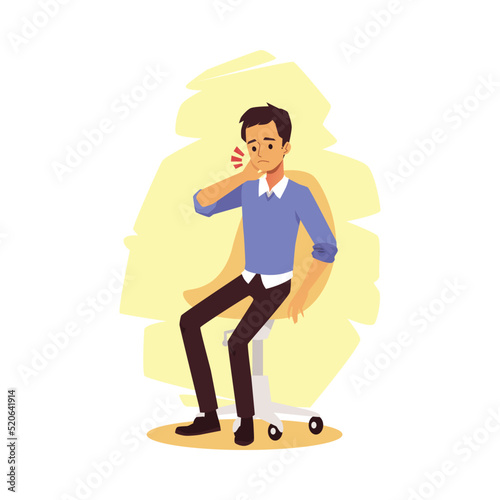 Man experiences pain in the neck flat vector illustration isolated on white.