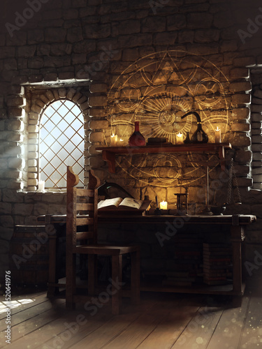 Fantasy scene with a desk with a magic book, alchemical symbol on the wall, and alchemist's tools. 3D render. photo