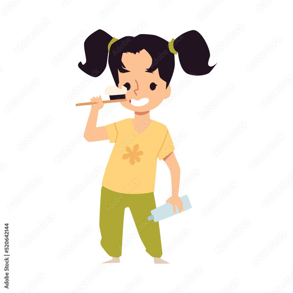 Cute child girl brushing teeth with toothbrush, flat vector illustration isolated. Cute child girl brushing teeth with toothbrush, flat vector illustration isolated.