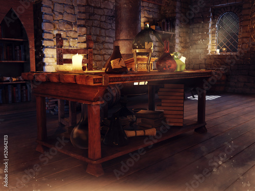 Fantasy alchemist's room with a table with potions, candles, and magic scrolls. 3D render.