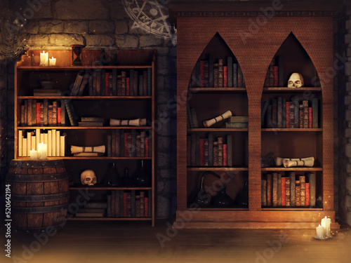 Fantasy magical library with books  scrolls  candles  and skulls at night. 3D render.