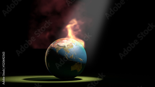 Burning Earth on black background, global warming concept. 3D illustration