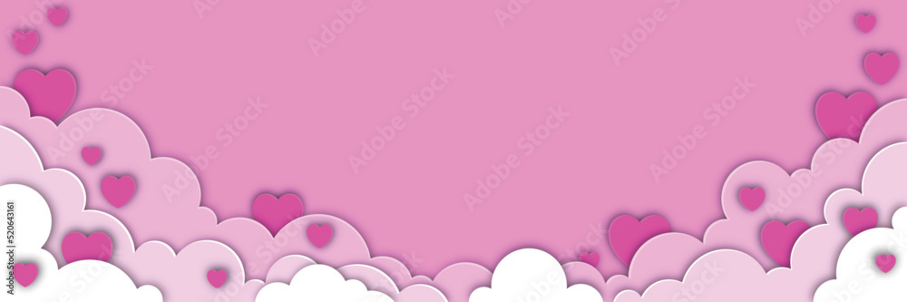 Romantic sky with clouds and hearts in paper cut style. Cute background with place for your text. Vector illustration