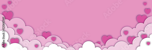 Romantic sky with clouds and hearts in paper cut style. Cute background with place for your text. Vector illustration