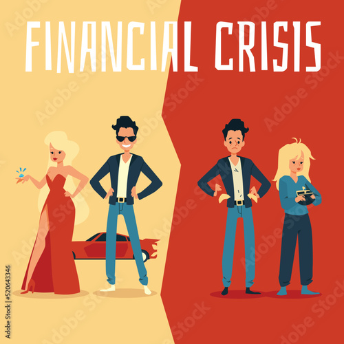 Financial crisis increases contrast between rich and poor, vector illustration.