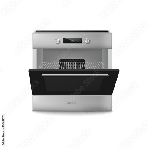 Cooking oven or stove with open door realistic vector illustration isolated.