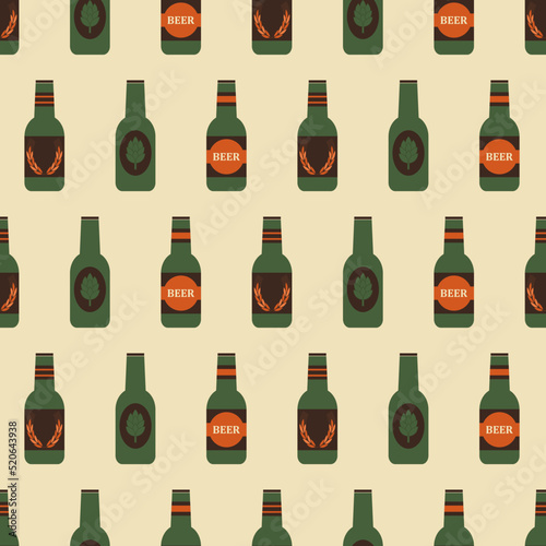 Beer seamless pattern. Different types of bottle beer in retro color. Beer party background. Retro design for print on fabric, wrapping paper, packaging. Vector illustration in flat design