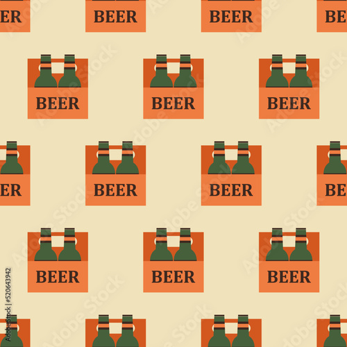 Beer seamless pattern. Pack of beer in retro color. Beer party background. Beer bottle in flat design. Retro design for print on fabric, wrapping paper, packaging. Vector illustration