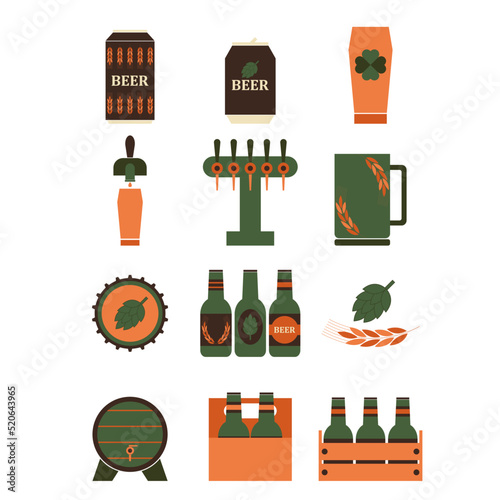 Beer icon set. Isolated icons of alcohol drink in retro color. Icon beer party. Can of beer, ear of wheat, hops, pack beer, mug, keg, bar tap. Logo for website, bar, taverna, menu. Vector illustration