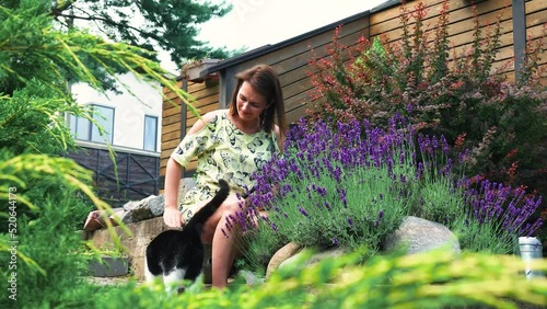A beautiful woman takes care of the plants in the garden and strokes her cat. Pet and owner. Woman gardener cuts flowers on a lavender bush. Landscape designer at work. High quality 4k footage