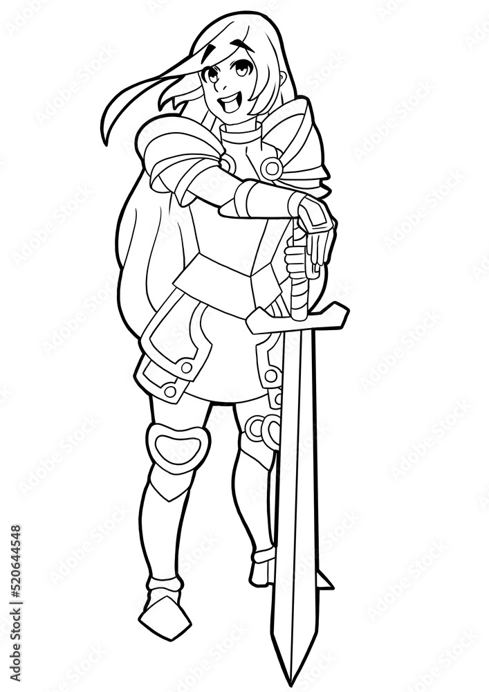 Ilustrace „A cute girl knight drawn in cartoon anime style stands