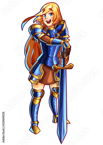 Cute cartoon anime style knight girl stands, leans on her sword, she is in armor, she has long golden hair, color sticker