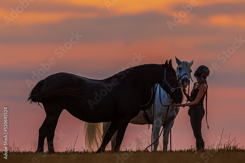 Young woman with two black and white horses and cuddles with both of them