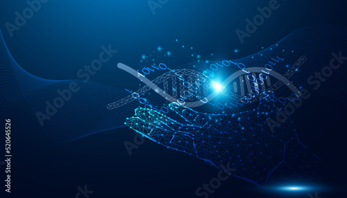Abstract, hand, holding, dna, gene editing, science, concept, genetic editing use modern technology ai medicine gene experiment medicine human health on blue background futuristic