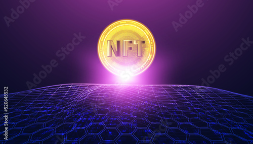 Abstract Coin NFT Gold On Background Wireframe Blue Mesh Concept Digital Token Digital Asset Modern Cryptocurrency Decentralized Finance