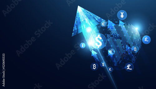 Abstract Money Transfer Online Currency On Background Modern Blue Concept Arrow Global Money Movement Currency Exchange Dollar Euro Yen photo