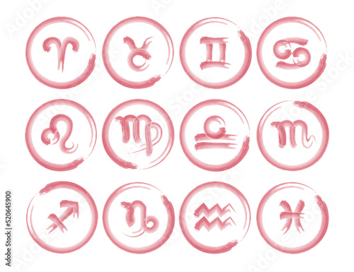 Set of 12 Zodiac signs. The signs Aries, Taurus, Gemini, Cancer, Leo, Virgo, Libra, Scorpio, Aquarius, Sagittarius, Capricorn, Pisces. Watercolor techniques vector illustration in circles.