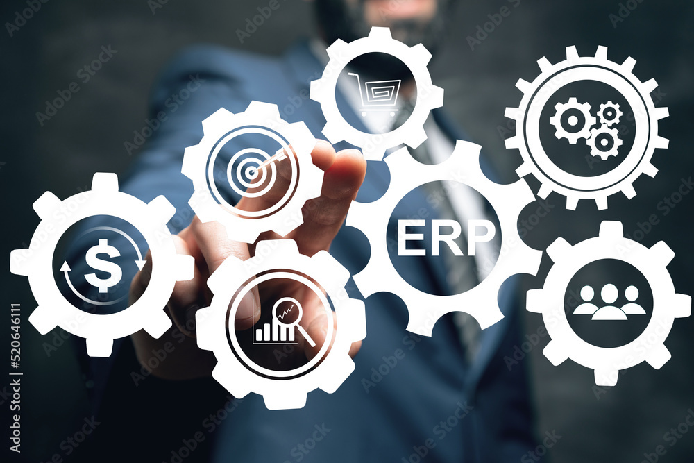 ERP and gear icons. Enterprise resource planning concept. Man tapping