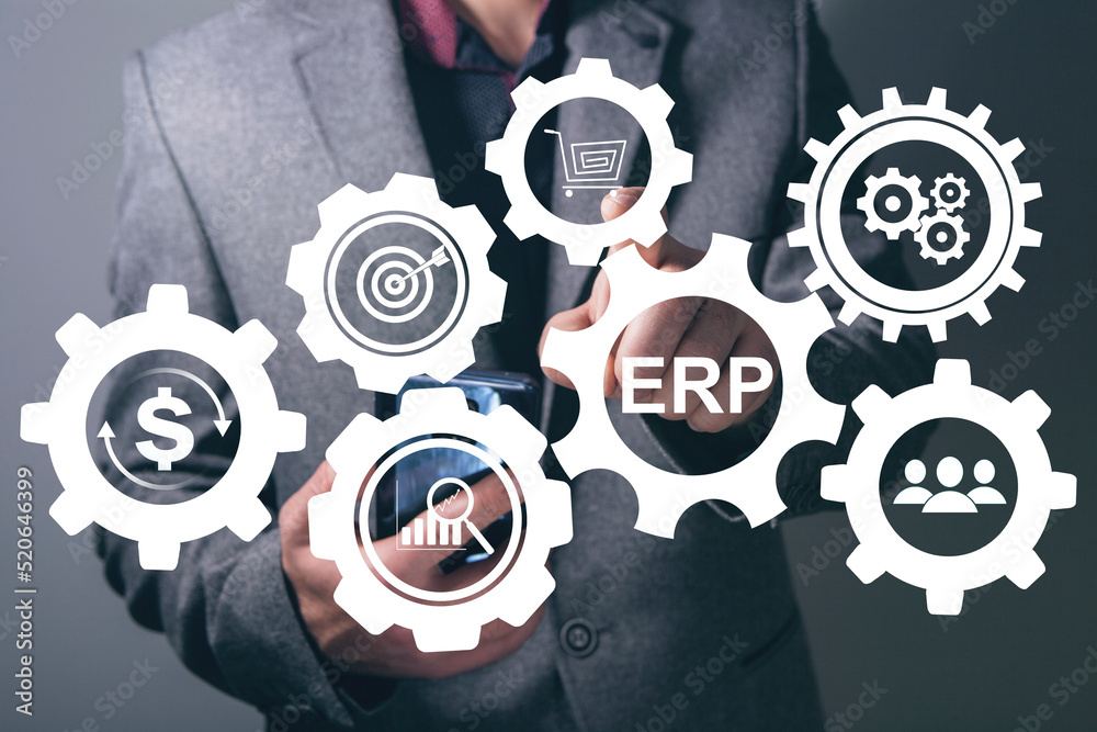 ERP and gear icons. Enterprise resource planning concept. Man tapping