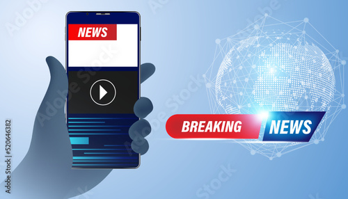 Abstract, hand holding a phone, concept, online news, connection, global news The latest breaking news on a white background