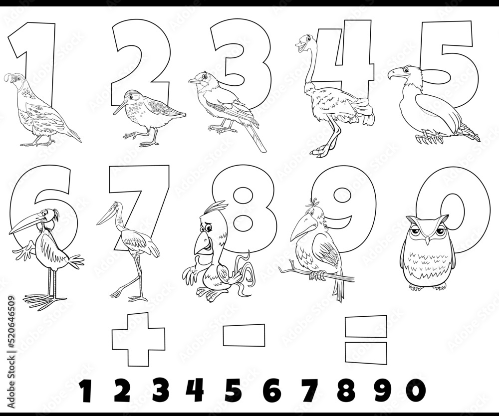 educational numbers set with comic birds coloring page educational numbers set with comic birds coloring page
