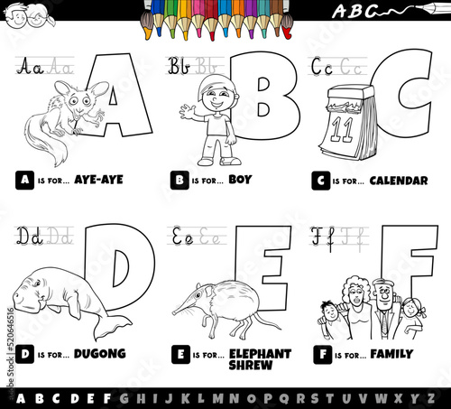 educational cartoon alphabet letters set from A to F color page photo