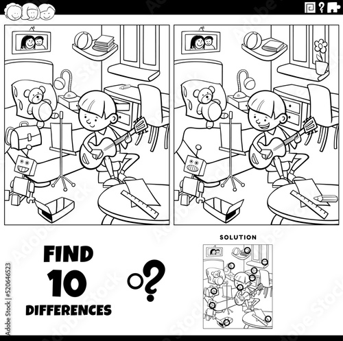 differences game with cartoon boy in his room coloring page