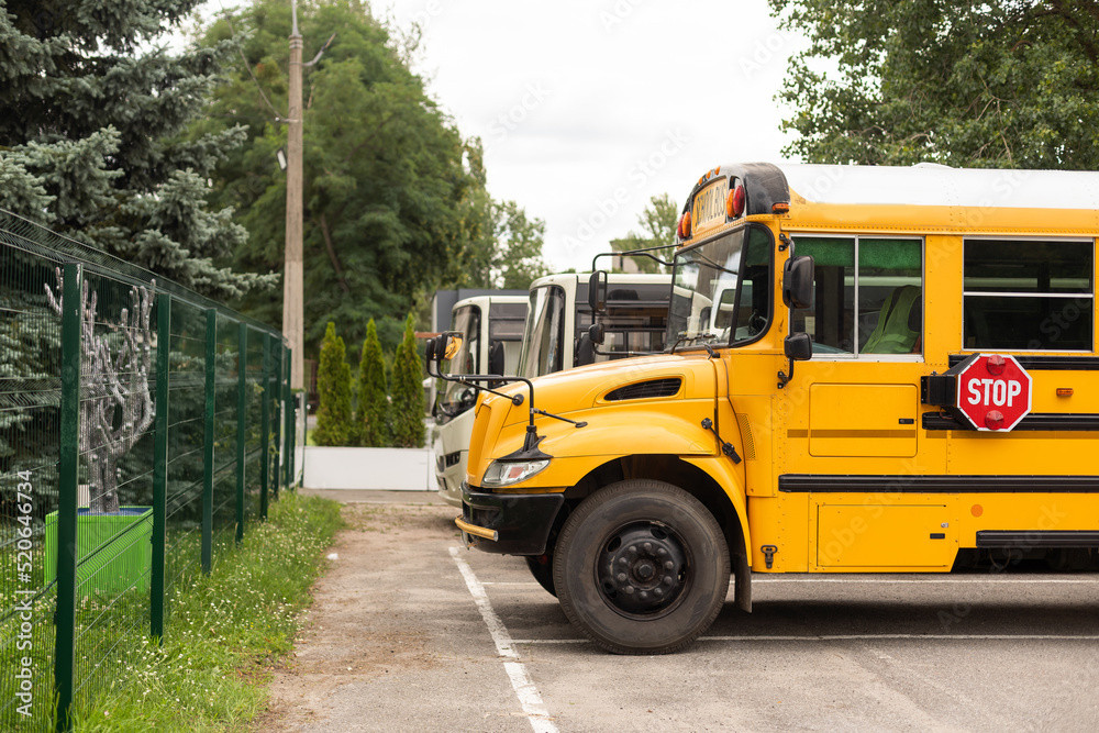 Front part of yellow school bus children educational transport