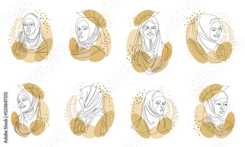 Collection. Silhouettes of a girl's head and a leaf of a plant. Lady wearing hijab, scarf, arabic muslim headdress, headscarf. Female face in modern single line style. Vector illustration set.