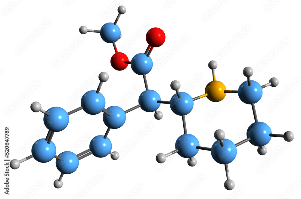 3D image of Methylphenidate skeletal formula molecular chemical structure of central nervous
