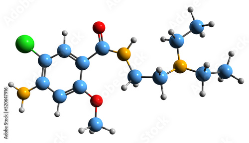 3D image of Metoclopramide skeletal formula - molecular chemical structure of stomach medication isolated on white background photo