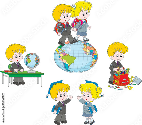 Little schoolgirls and schoolboys walking on a globe, sitting at a desk and completing a schoolbag