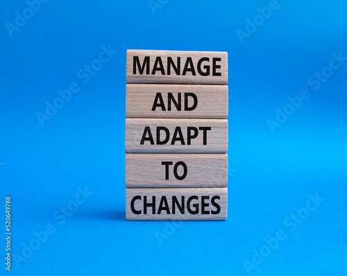 Manage and Adapt to Changes symbol. Wooden blocks with words Manage and Adapt to Changes. Beautiful blue background. Business and Manage and Adapt to Changes concept. Copy space.