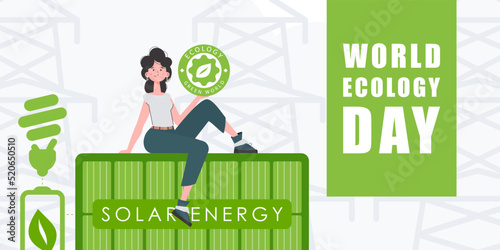 World ecology day poster. Cartoon trendy style. Illustration in vector.