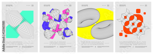 Wireframes strange geometrical shapes and colored geometric figures, abstract vector set posters, modern design inspired by brutalism, contemporary composition artwork, cover